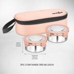 MILTON Express Meal Lunch Box (2 Round Inner Steel Leak Proof Containers with Click Lock Lids 380 ml Each) with Unisex Bag, Peach, Odour Proof, Food Grade