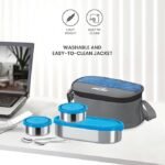 MILTON Master Lunch Max (3 Microwave Safe Inner Steel Containers,1 x 675 ml, 2 X 280 ml Each) with Insulated Fabric Jacket, Blue | Lunch Box | Light Weight | Leak Proof | Easy to Carry | Food Grade