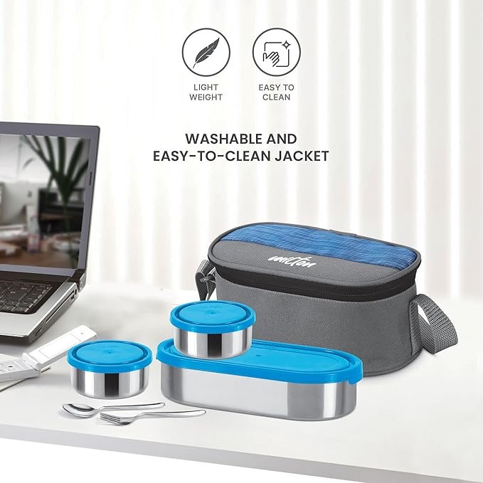 MAX1 MILTON Master Lunch Max (3 Microwave Safe Inner Steel Containers,1 x 675 ml, 2 X 280 ml Each) with Insulated Fabric Jacket, Blue | Lunch Box | Light Weight | Leak Proof | Easy to Carry | Food Grade - Image 1