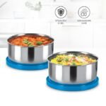MILTON Master Lunch Max (3 Microwave Safe Inner Steel Containers,1 x 675 ml, 2 X 280 ml Each) with Insulated Fabric Jacket, Blue | Lunch Box | Light Weight | Leak Proof | Easy to Carry | Food Grade - Image 2