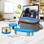 MILTON Master Lunch Max (3 Microwave Safe Inner Steel Containers,1 x 675 ml, 2 X 280 ml Each) with Insulated Fabric Jacket, Blue | Lunch Box | Light Weight | Leak Proof | Easy to Carry | Food Grade - Image 4
