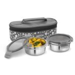 MILTON Lifestyle Lunch Box with Insulated Jacket, 2 Stainless Steel Round Containers with Clip Lock Lid (300 ml Each), Leak-Proof Tiffin for Office, School, College, Easy to Carry, Grey