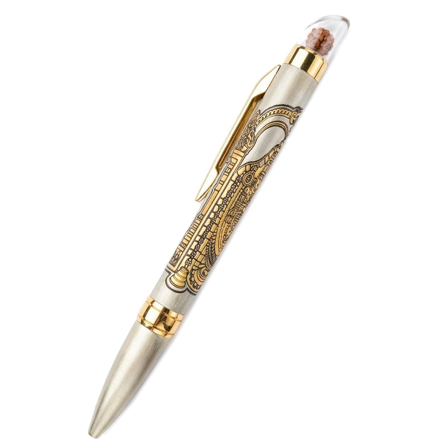 pen1 Flamenco Divine Rudraksha Series Ballpoint Pen, Metal Body with Tirupati Balaji Etched Design, Rudraksha Studded, Twist Mechanism, 0.6 mm Tip - Image 1