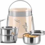 MILTON Classic Stainless Steel Tiffin With Lifter, 3 Container, 300 ml Each, Ivory | PU Insulated | Food Grade | Easy To Carry | Hot & Cold | Office | Outdoors | Food Grade,Cream